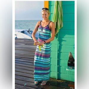 Athleta Striped Maxi Dress in Blue, Teal & Purple